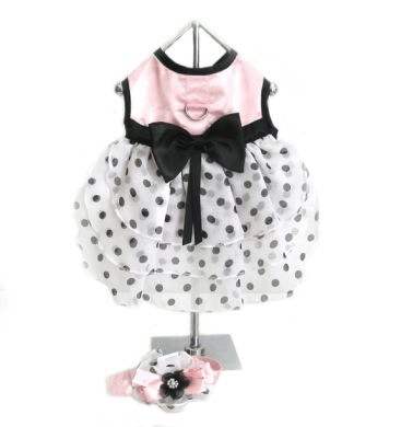 【Doggie Design】B. Pink Satin & Polka Dot Chiffon Dress W/ Veil Hat