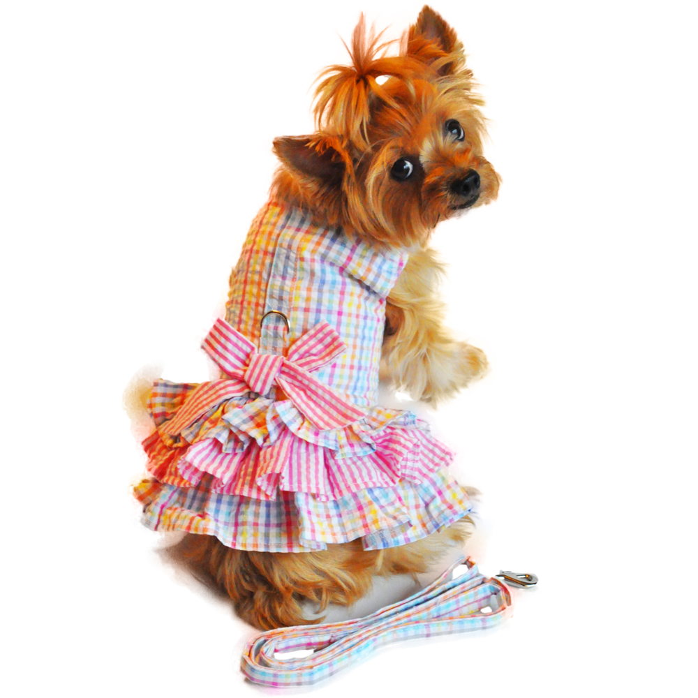 Doggie Design（ドギーデザイン）Pink Seersucker Ruffled Dog Dress ピンク シアサッカー フリル ドレス