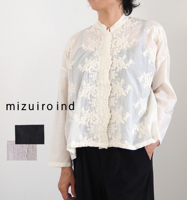 mizuiro ind ミズイロインド シャツ ワイド レーススタンドカラー レディース