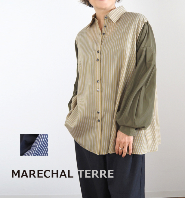MARECHAL TERRE マルシャルテル ストライプ×無地 切替ルーズシャツ ボリュームスリーブ