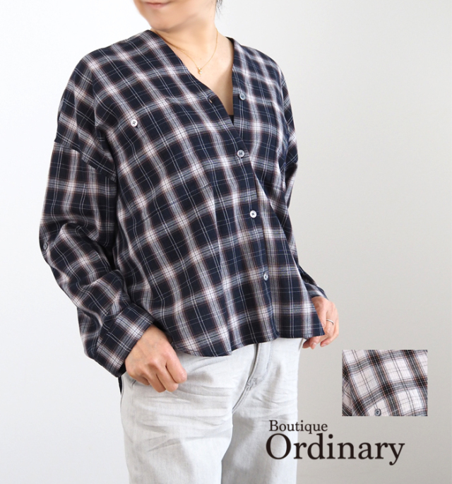 Boutique Ordinary ブティークオーディナリー ノーカラーチェックワイドシャツ