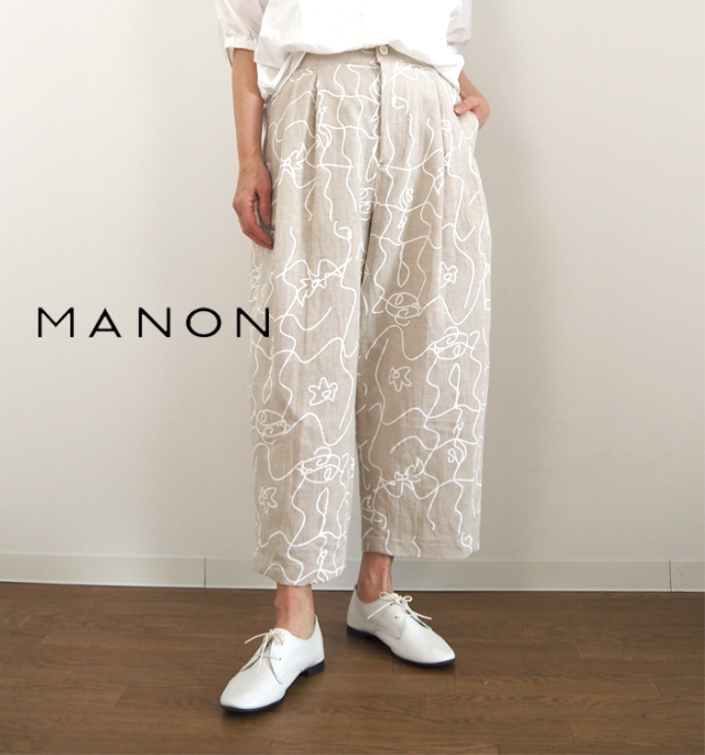 MANON マノン 綿麻ワッシャーフラワープリントバルーンパンツ
