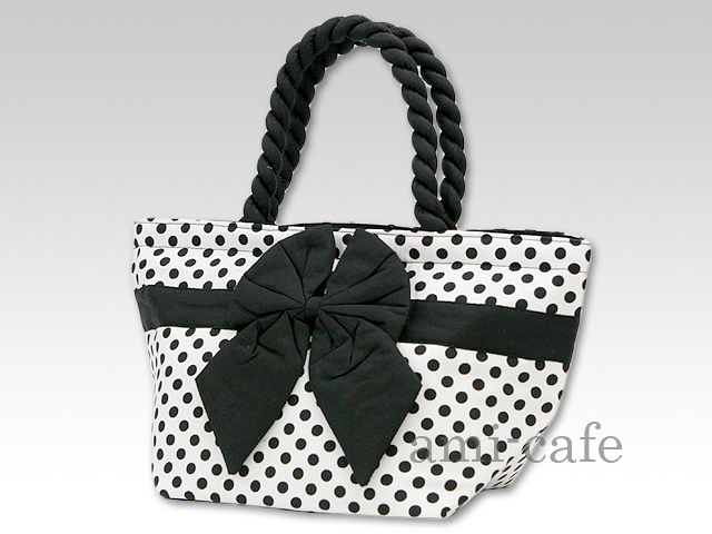 NaRaYa（ナラヤ）　コットンリボンバッグ　舟型ミニミニトート　モノトーン水玉柄
