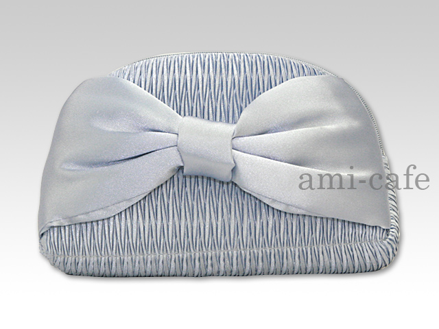 NaRaYa（ナラヤ）　プリーツサテン　リボンポーチ　ラウンド型　ペールブルー a