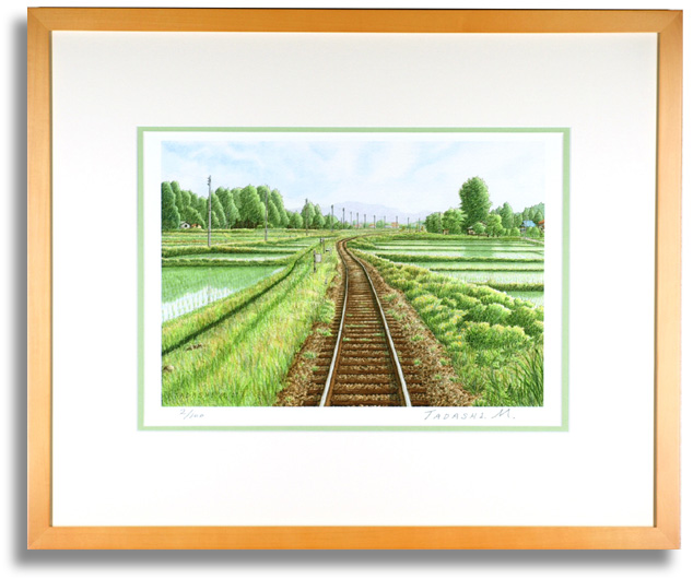 松本忠の版画「緑の道」額装