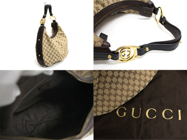 中古 グッチ 30cm シマキャンバス レザー ゴールド金具 ハンドバッグ