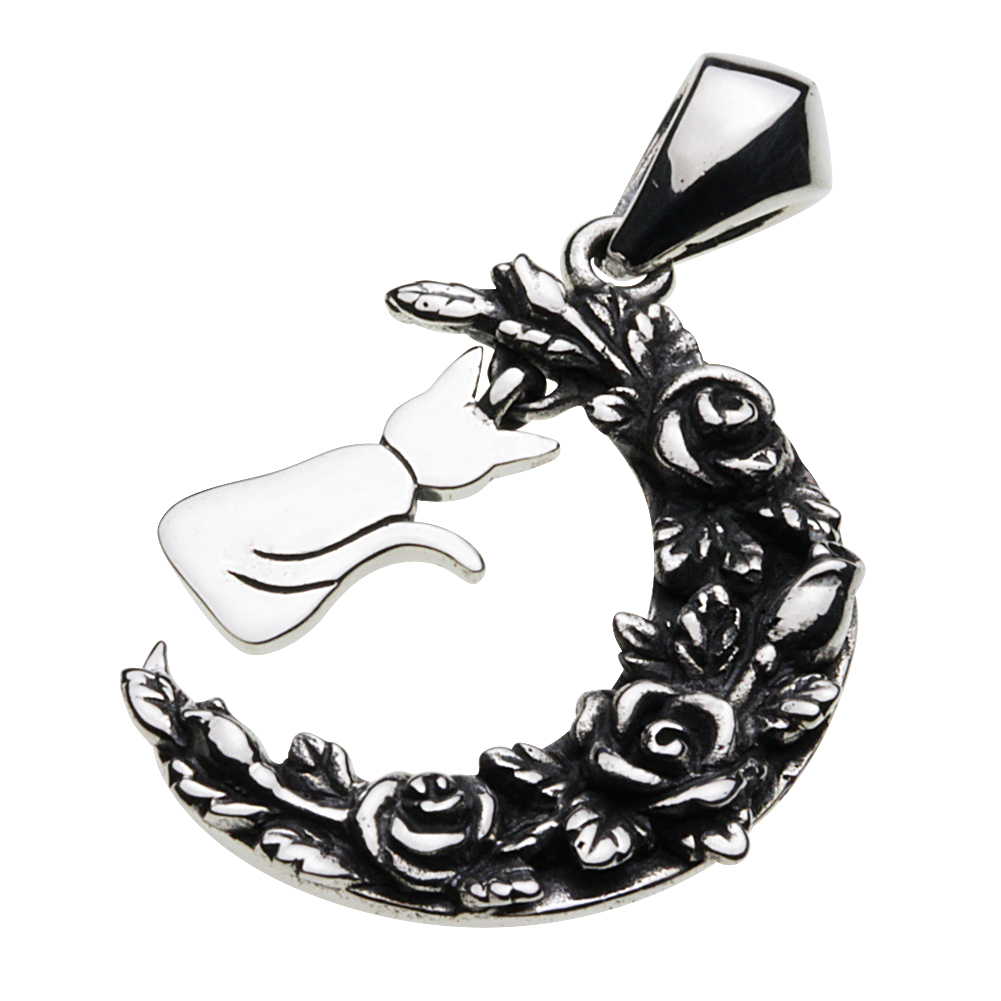cenote p0677 【シルバーアクセサリー】 三日月猫ローズペンダント