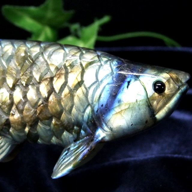 黄龍 アロワナ ラブラドライト 置物 台座付 幅約119mm 重さ約196g 龍魚と呼ばれる古代魚 権力や繁栄、事業の発展の意味を持つモチーフ 代表的な金運の石