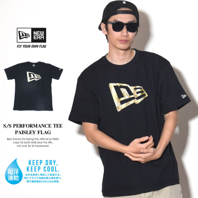 NEW ERA ニューエラ 半袖パフォーマンスTシャツ 吸汗速乾素材 ペイズリー フラッグ ブラック×ゴールド (11556689)