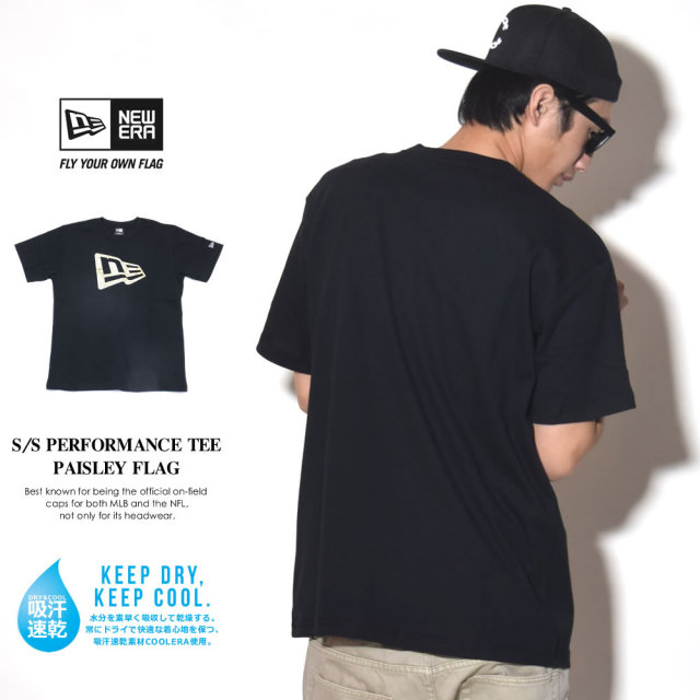 NEW ERA ニューエラ 半袖パフォーマンスTシャツ 吸汗速乾素材 ペイズリー フラッグ ブラック×ゴールド (11556689)