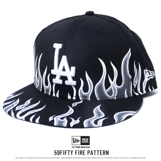 NEW ERA ニューエラ ベースボールキャップ 59FIFTY ファイアーパターン ロサンゼルス・ドジャース ブラック×ホワイト (11557601)