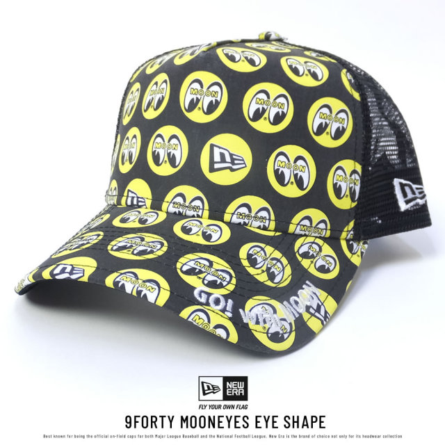 NEW ERA ニューエラ メッシュキャップ コラボ 9FORTY Aフレーム トラッカー MOONEYES EYE SHAPE ブラック×イエロー オールオーバー (11557983)