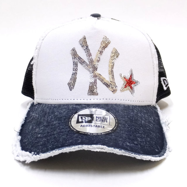 NEW ERA ニューエラ メッシュキャップ 9FORTY Aフレーム トラッカー スパンコール ニューヨーク・ヤンキース スター イタリアンウォッシュ ネイビー/ホワイト (11781428)