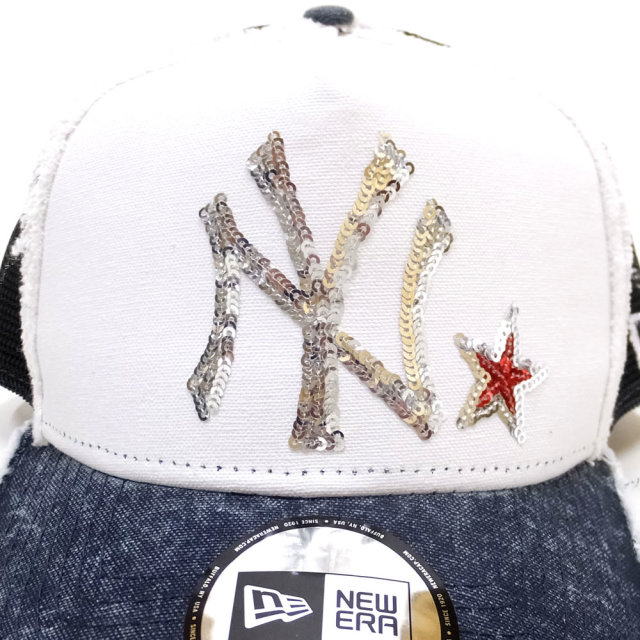 NEW ERA ニューエラ メッシュキャップ 9FORTY Aフレーム トラッカー スパンコール ニューヨーク・ヤンキース スター イタリアンウォッシュ ネイビー/ホワイト (11781428)