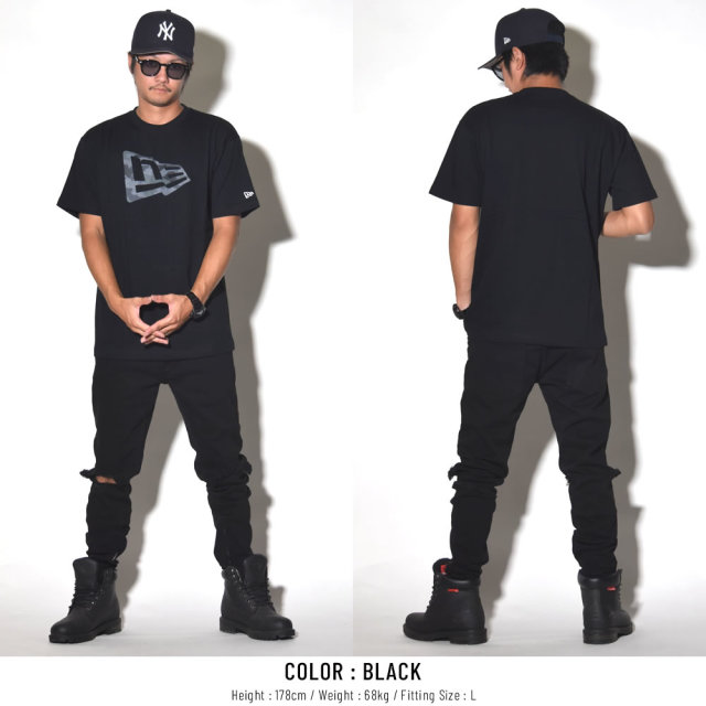 NEW ERA ニューエラ Tシャツ ウッドランドカモミッドナイト フラッグロゴ ブラック (11782993)