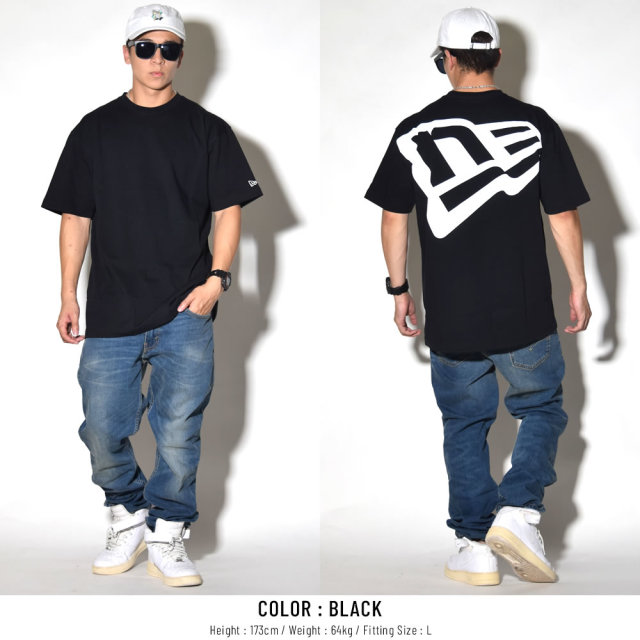 NEW ERA ニューエラ 半袖コットンTシャツ ズームアップフラッグロゴ ブラック×ホワイト 11783019