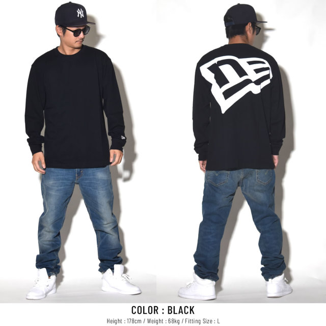 NEW ERA ニューエラ 長袖Tシャツ ズームアップフラッグロゴ ブラック×ホワイト バックプリント 11783095