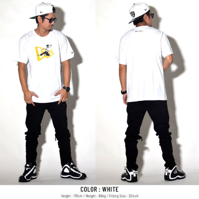 NEW ERA ニューエラ コラボ Tシャツ ブルース・リー 飛び蹴りフォト×フラッグロゴ ホワイト 11839817