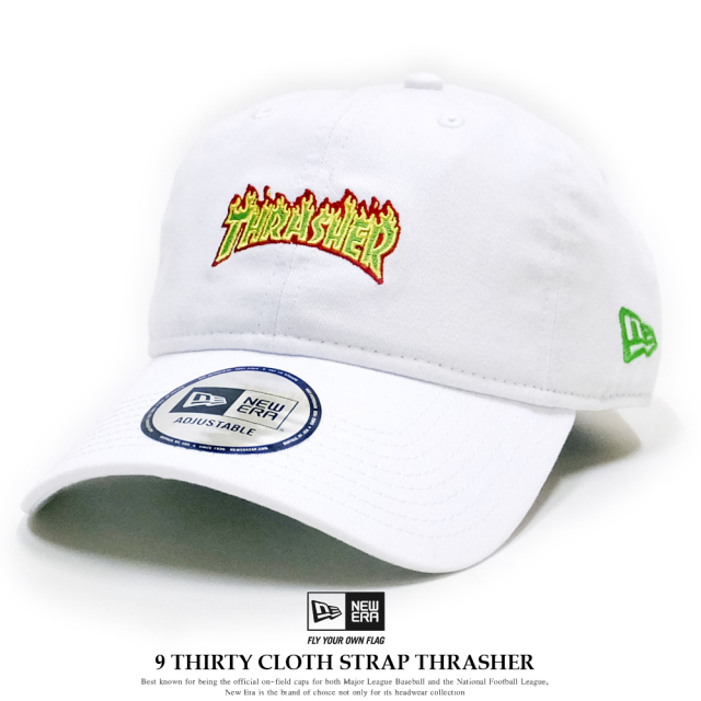 NEW ERA ニューエラ コラボ カーブバイザーキャップ 9THIRTY クロスストラップ THRASHER スラッシャー ファイアロゴ ホワイト×ローリングメドウ 11781510