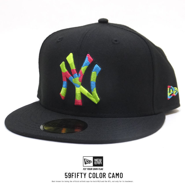 NEW ERA ニューエラ フラットバイザーキャップ 59FIFTY ニューヨーク・ヤンキース ブラック×ネオンカラーカモフラロゴ 11876748