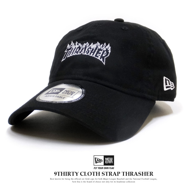 NEW ERA ニューエラ カーブバイザーキャップ コラボ 9THIRTY クロスストラップ THRASHER スラッシャー ファイアーロゴ ブラック×ホワイトアウトライン 11914532