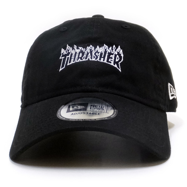 NEW ERA ニューエラ カーブバイザーキャップ コラボ 9THIRTY クロスストラップ THRASHER スラッシャー ファイアーロゴ ブラック×ホワイトアウトライン 11914532