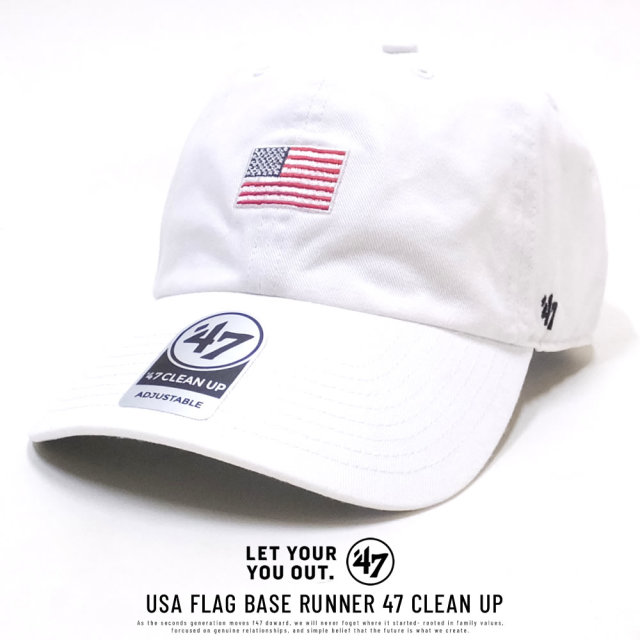 47BRAND フォーティーセブンブランド カーブバイザーキャップ USA FLAG BASE RUNNER 47 CLEAN UP XS-BSRNR198GWS-WH