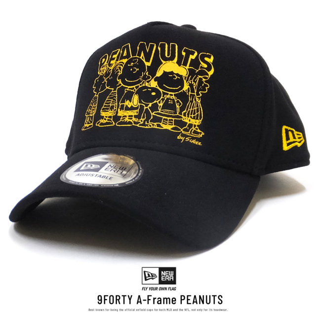 NEW ERA ニューエラ カーブバイザーキャップ 9FORTY A-Frame PEANUTS モノトーンイラスト ブラックスウェット × イエロープリント11914515