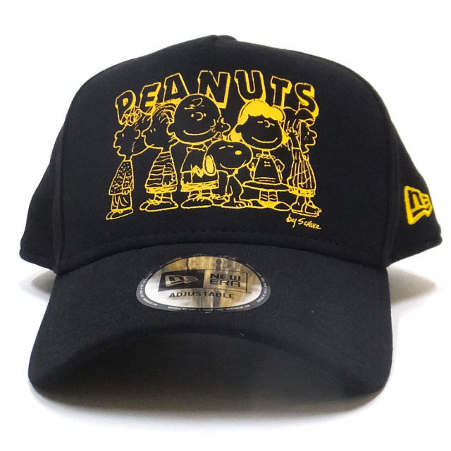 NEW ERA ニューエラ カーブバイザーキャップ 9FORTY A-Frame PEANUTS モノトーンイラスト ブラックスウェット × イエロープリント11914515
