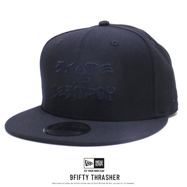 NEW ERA ニューエラ フラットバイザーキャップ 9FIFTY Thrasher スラッシャー SKATE AND DESTROY ネイビー × ネイビー 11914523