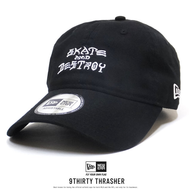 NEW ERA ニューエラ カーブバイザーキャップ 9THIRTY CLOTH STRAP Thrasher スラッシャー SKATE AND DESTROY ブラック × ホワイト 11914524