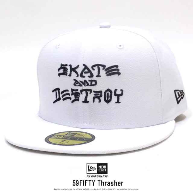 NEW ERA ニューエラ フラットバイザーキャップ 59FIFTY Thrasher スラッシャー SKATE AND DESTROY ホワイト × ブラック 11914542
