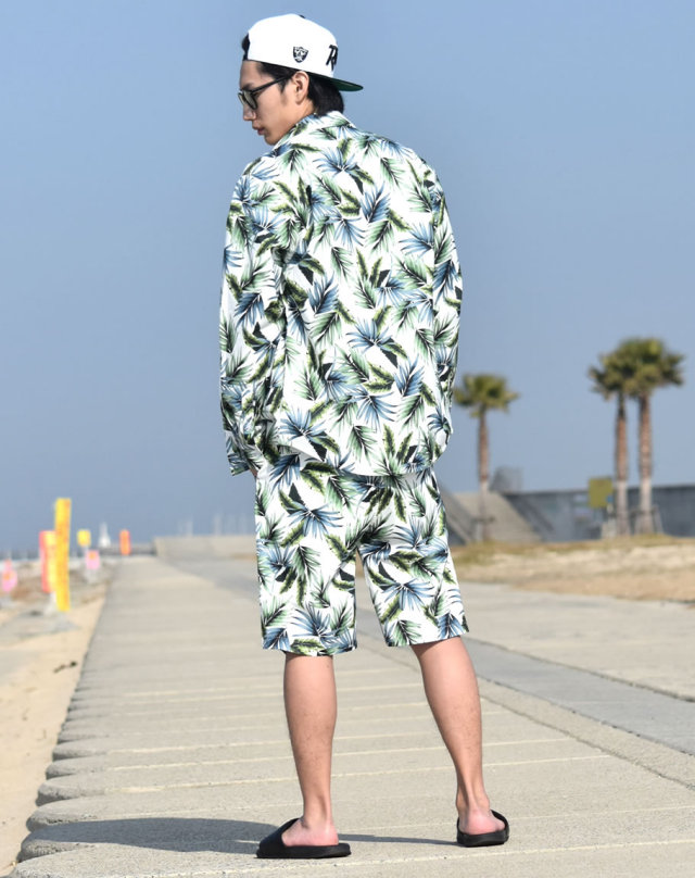 BLACK HORSE ブラックホース 速乾性 セットアップ メンズ 大きいサイズ リーフ柄 長袖シャツ ハーフパンツ 上下セット ストリート系 ファッション 通販 BHST031