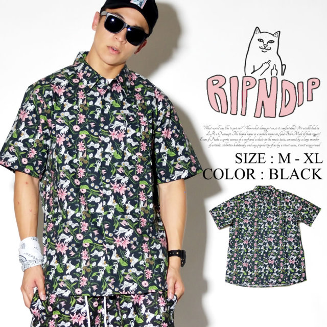 RIPNDIP リップンディップ 半袖シャツ メンズ 花 猫 ネコ 総柄 ストリート系 スケーター ファッション 服 通販 RDOT004