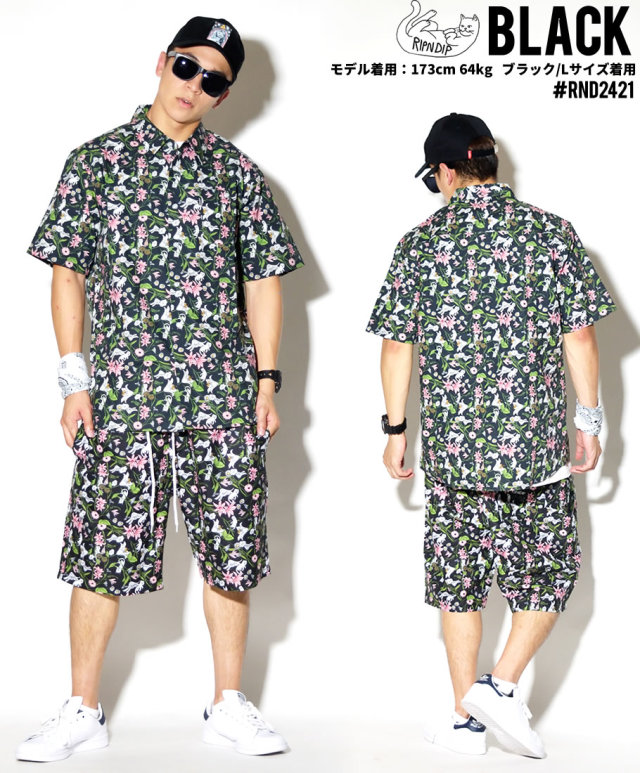 RIPNDIP リップンディップ 半袖シャツ メンズ 花 猫 ネコ 総柄 ストリート系 スケーター ファッション 服 通販 RDOT004