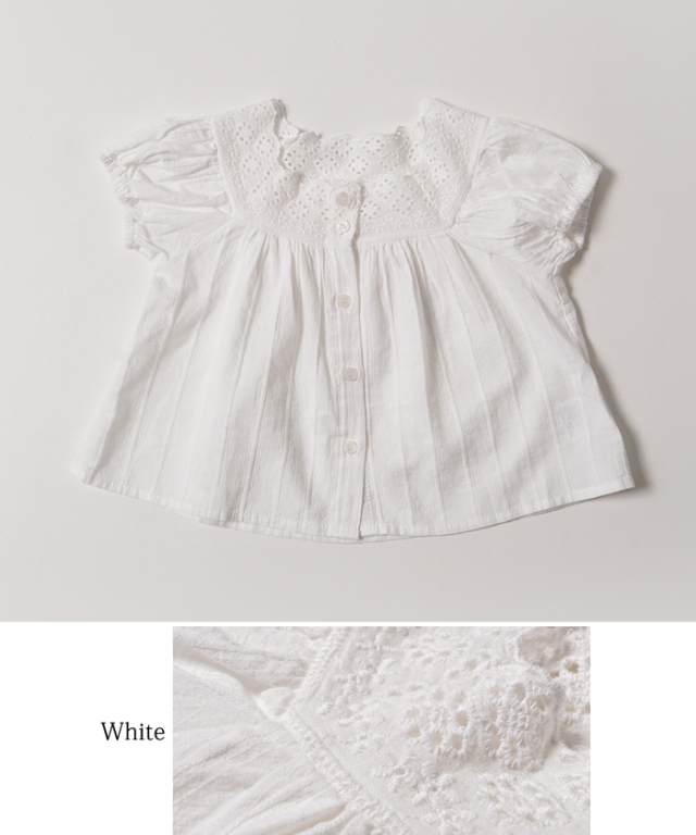 【キッズ80-120】【メール便可】花柄刺繍バルーンスリーブコットンブラウス(子供服 半袖 フレア ボタン 女の子 80 90 100 110 120 co