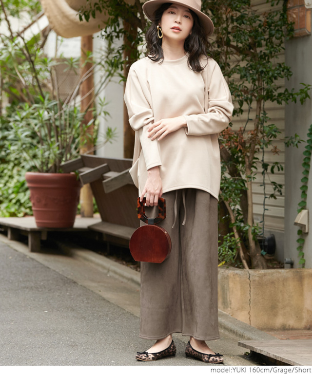 テストフェイクスウェードイージーワイドパンツ ほげほげ レディース  ロング丈 ミモレ丈 ウエストゴム 20aw コカ(16-190712001-01)