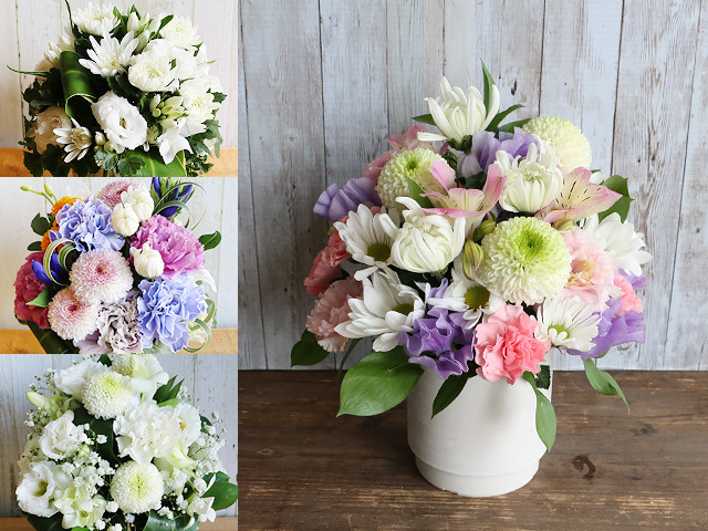 【生花】供養のアレンジメント(M)~法要・命日・お彼岸・喪中見舞い・母の日参り・お盆・初盆などのお供えの花【おまかせアレンジ(白上がり・色花)】【送料一律880円(※一部地域を除く)】