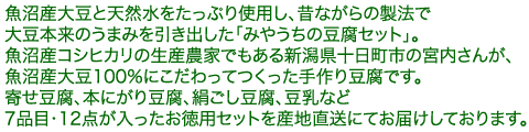 魚沼産大豆と天然水をたっぷり使用し、昔ながらの製法で大豆本来のうまみを引き出した「みやうちの豆腐セット」