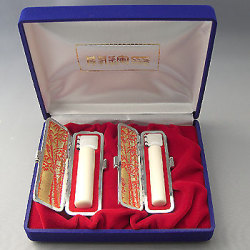 象牙調　高級印材　ケース付き【未使用】 上象牙（ソフト象牙）13.5ミリ丸銀行印+16.5ミリ丸実印セット