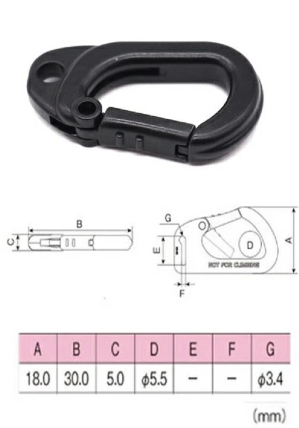 日本製 プラスチックカラビナ マル紐、ヒラ紐 全長30ミリ、50ミリ、65ミリ、樹脂製カラビナ。カラーはクロとなります。