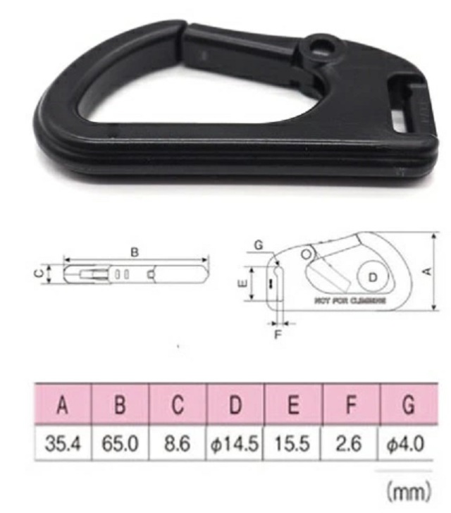 日本製 プラスチックカラビナ マル紐、ヒラ紐 全長30ミリ、50ミリ、65ミリ、樹脂製カラビナ。カラーはクロとなります。