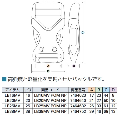 YKKプラスチックバックル テープアジャスターバックル LB-MV 16ミリ、20ミリ、25ミリ、38ミリ、サイズがあります。