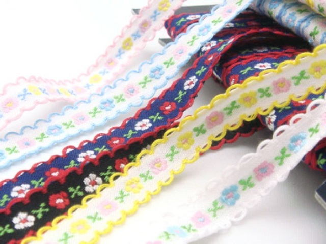 日本製 フラワー刺しゅうリボン ピコットタイプポリエステルテープ 0.5ミリ厚 10mm幅