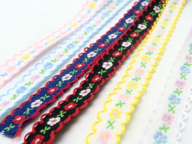 日本製 フラワー刺しゅうリボン ピコットタイプポリエステルテープ 0.5ミリ厚 10mm幅