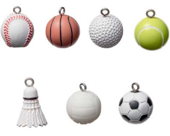 サッカー、バスケットボール、野球、バレーボール、ゴルフ、アメフト、テニス、バドミントンなどの各種スポーツのボール型チャーム。