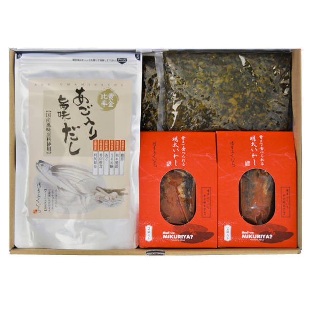 【新商品】博多銘品セット(あご入り旨味だし160g×2、からし高菜220g×1、ウチの明太辛子高菜220g×1、骨まで食べられる明太いわし×2)
