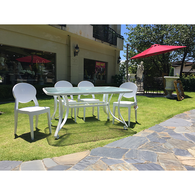 Garden Furniture / 雨に強いガーデンテーブルチェア７点セット ｜155cm｜ガラストップ｜少々難あり｜IB Selection｜HGE0064