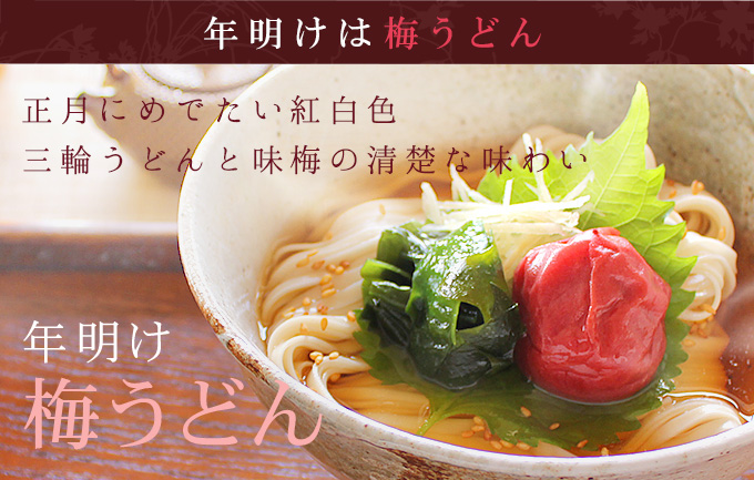 年明けは梅うどん。正月にめでたい紅白色。三輪うどんと味梅の清楚な味わい。麺師のみが知る幻のまかないうどん