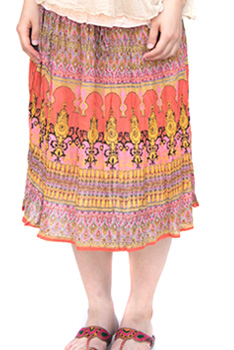 スカート■インド製ひざ丈プリントスカート（ピンク×オレンジ）